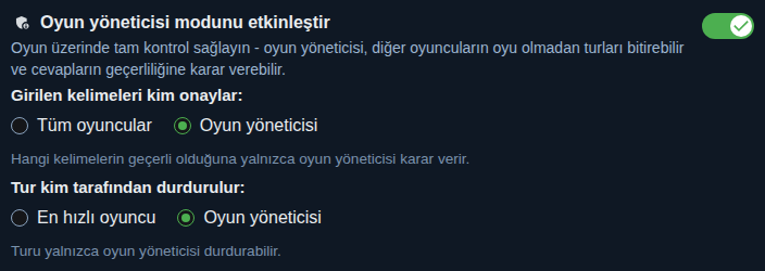 Ayar: oyun ev sahibi modu