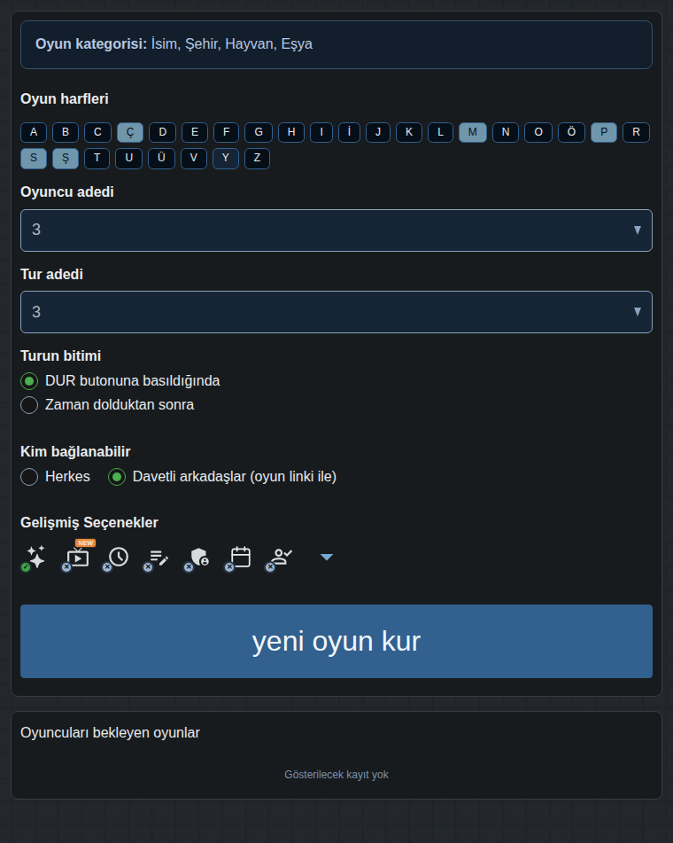 Oyun oluşturma formu