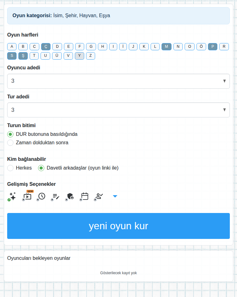 Oyun oluşturma formu
