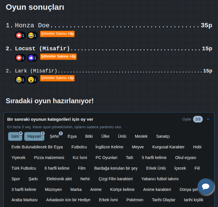 Oyunun sonuçları